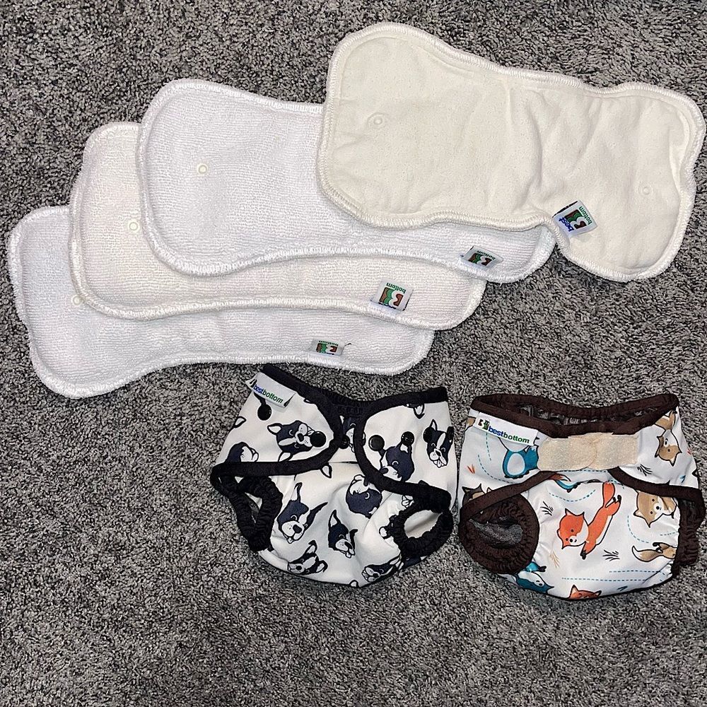 Lot of 2 Best Bottom Cloth Diaper Covers snap & velcro & 4 inserts hemp organic